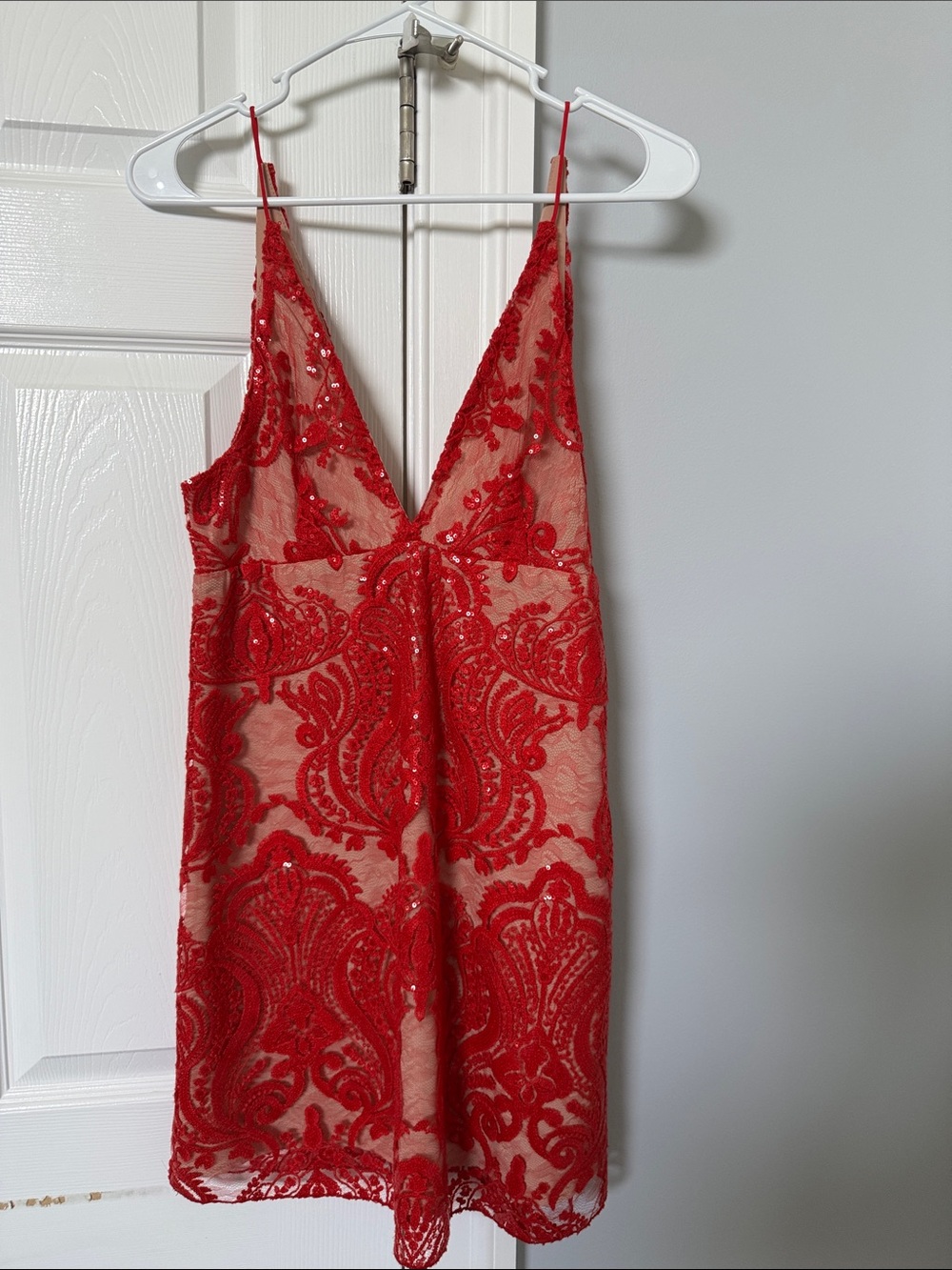 Red Lace Sequin V-Neck Slip Dress Free People size 2